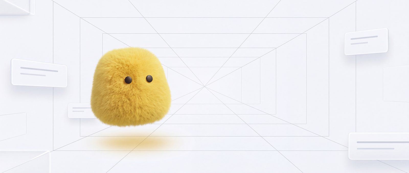A yellow Mote floating in a white studio drawn in thin lines.